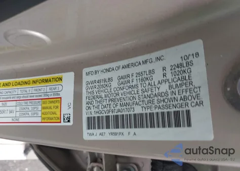 2018 Honda Accord Touring из США, поврежденный, VIN 1HGCV3F97JA017073